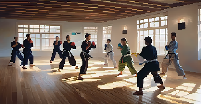 A diverse group of individuals practicing self-defense in a bright dojo, with sunlight filtering through windows and a poster on the wall.
