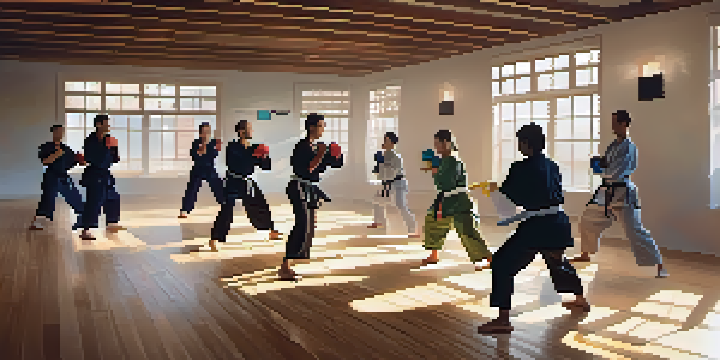 A diverse group of individuals practicing self-defense in a bright dojo, with sunlight filtering through windows and a poster on the wall.