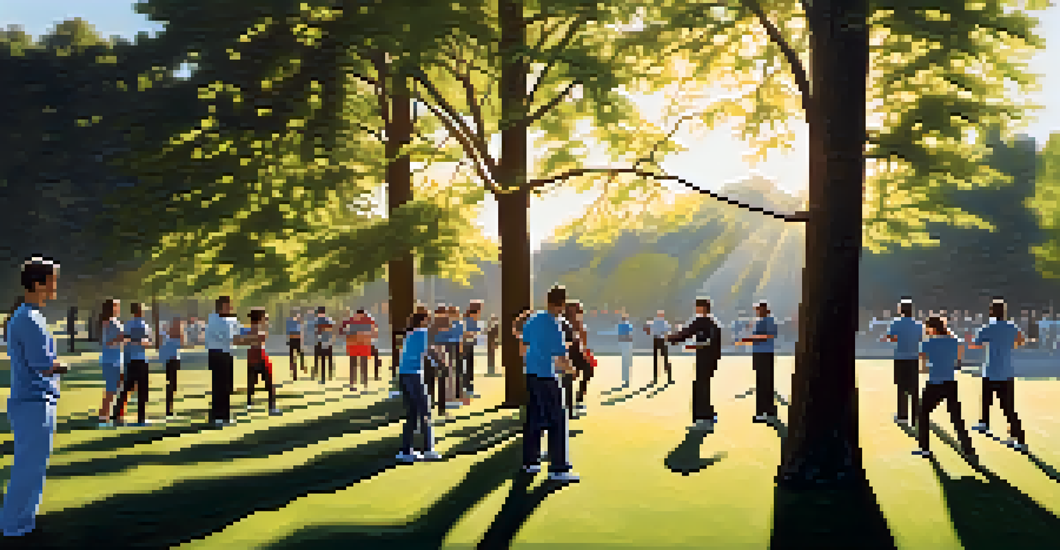 A group practicing self-defense techniques in a sunny park, surrounded by trees.