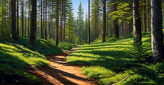 A peaceful hiking trail in a pine forest with sunlight filtering through the trees and a pair of hiking boots in the foreground.