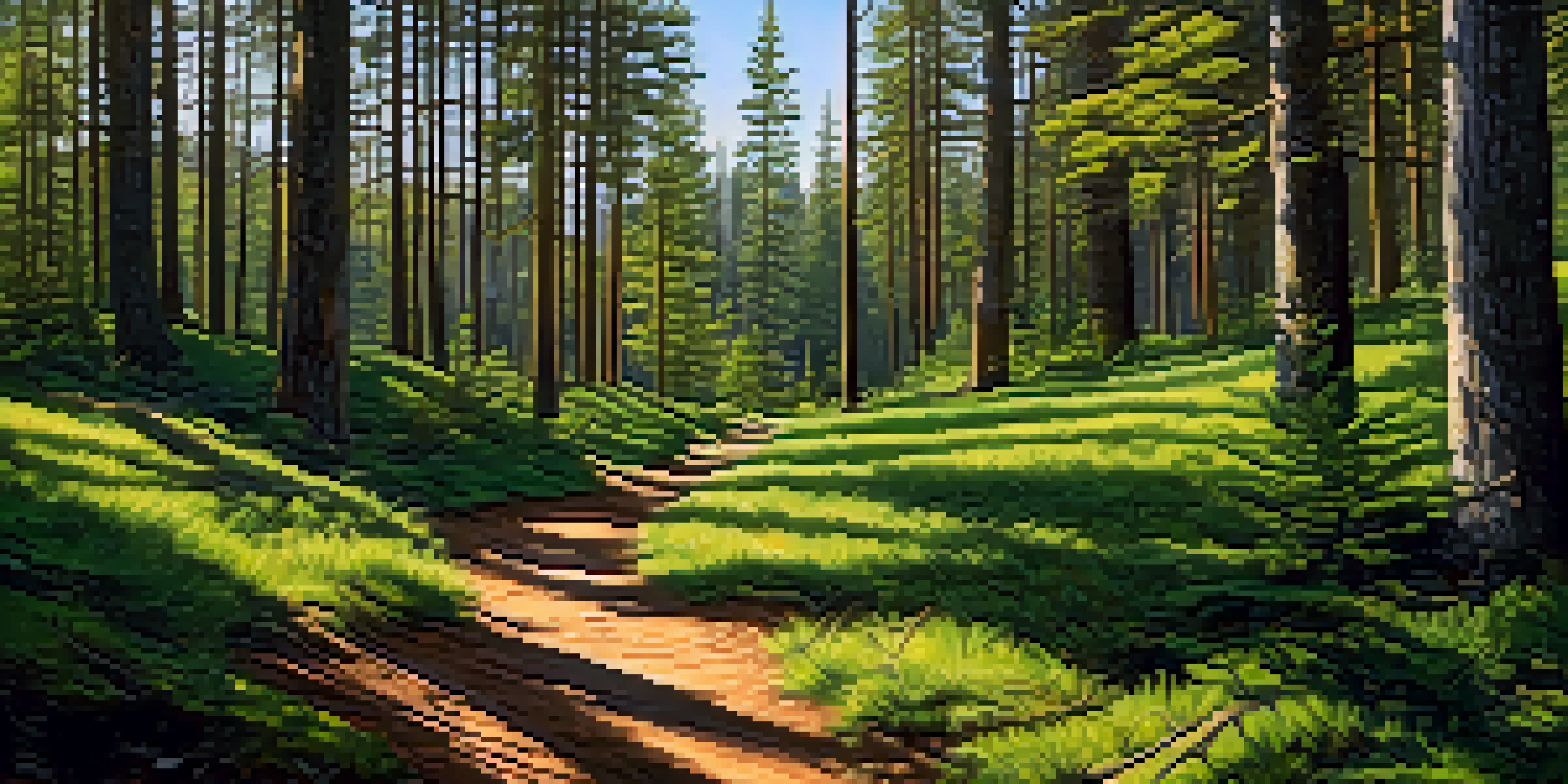 A peaceful hiking trail in a pine forest with sunlight filtering through the trees and a pair of hiking boots in the foreground.
