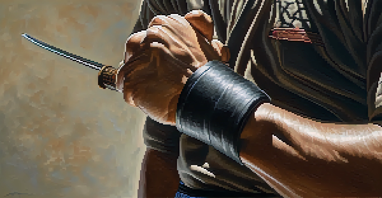 A close-up view of a martial artist's hands firmly holding a traditional training weapon, highlighting the texture and determination.