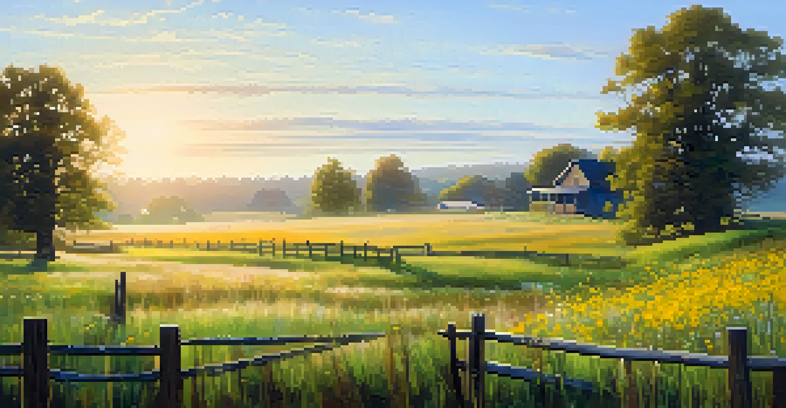 A peaceful rural landscape with a field of wildflowers, a wooden fence, and a farmhouse under soft morning light.
