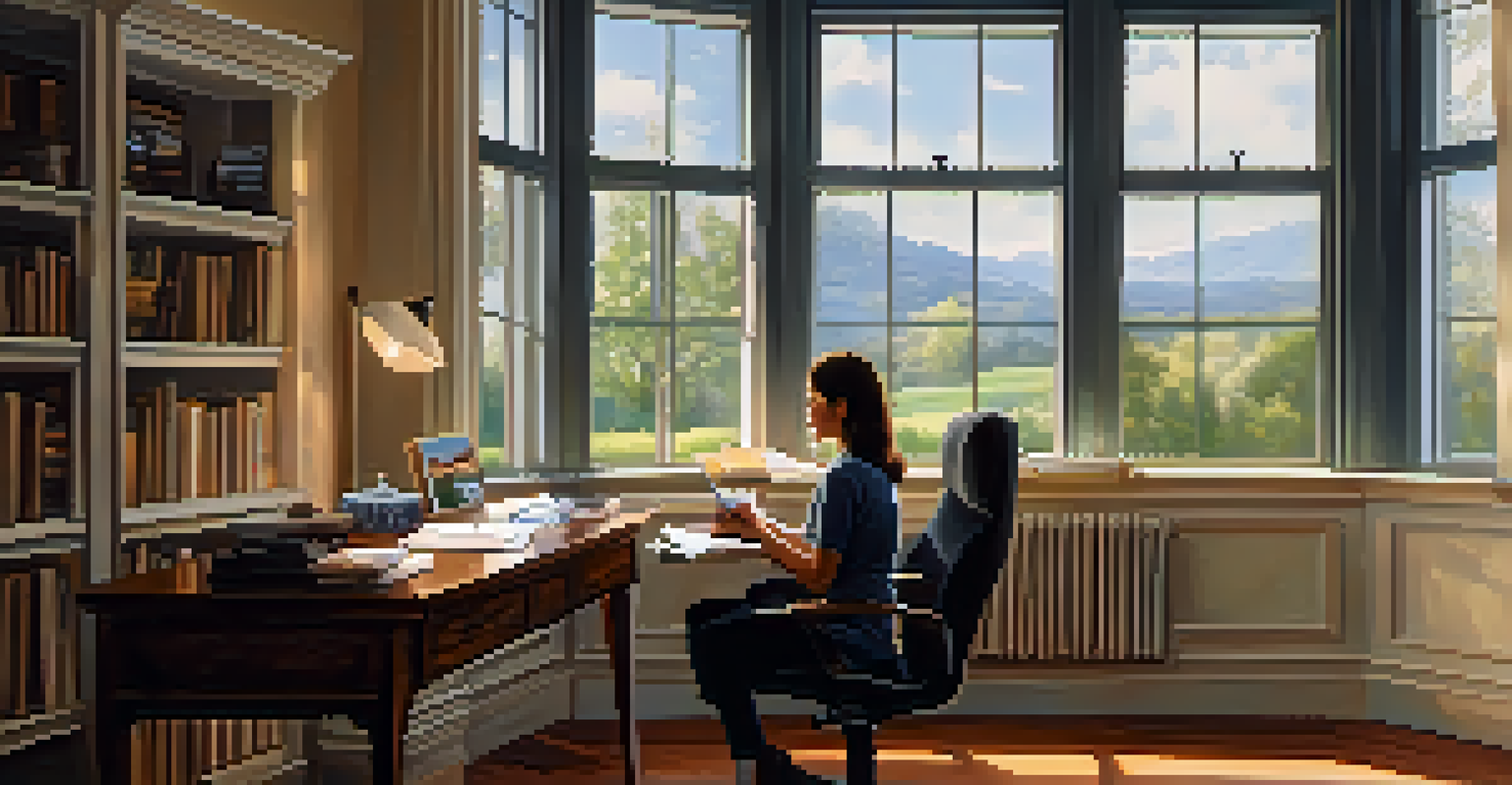 A person stretching in their home office, looking out of the window, with an organized workspace and soft lighting.