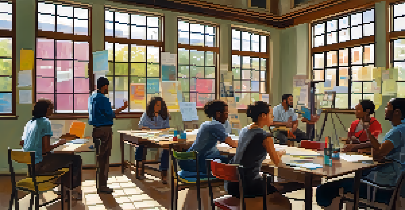 A community workshop with diverse individuals practicing de-escalation techniques in a bright, well-lit room with colorful posters.