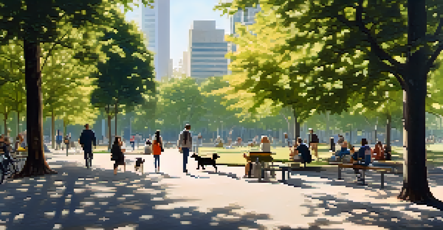 A calm city park with people enjoying activities while being aware of their surroundings, featuring trees and sunlight filtering through the leaves.