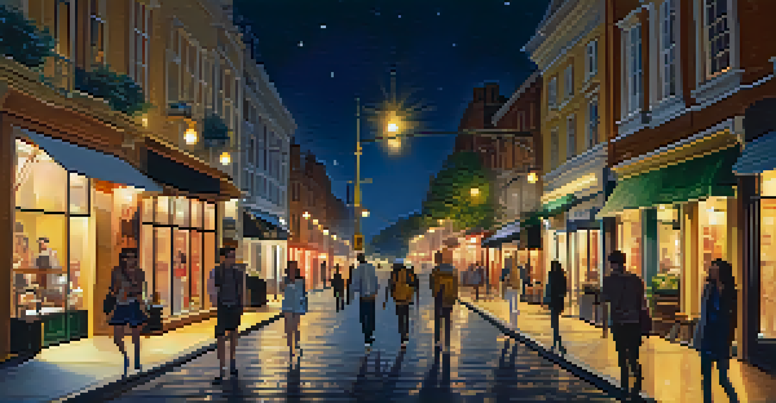 A group of friends walking together on a well-lit street at night, surrounded by shops and cafes.
