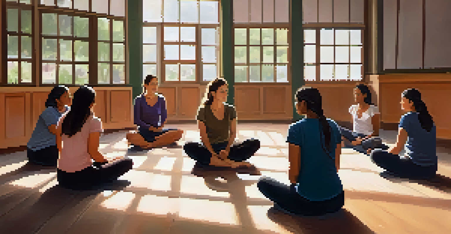A women-only self-defense workshop where participants are sharing experiences in a supportive circle, fostering community and empowerment.