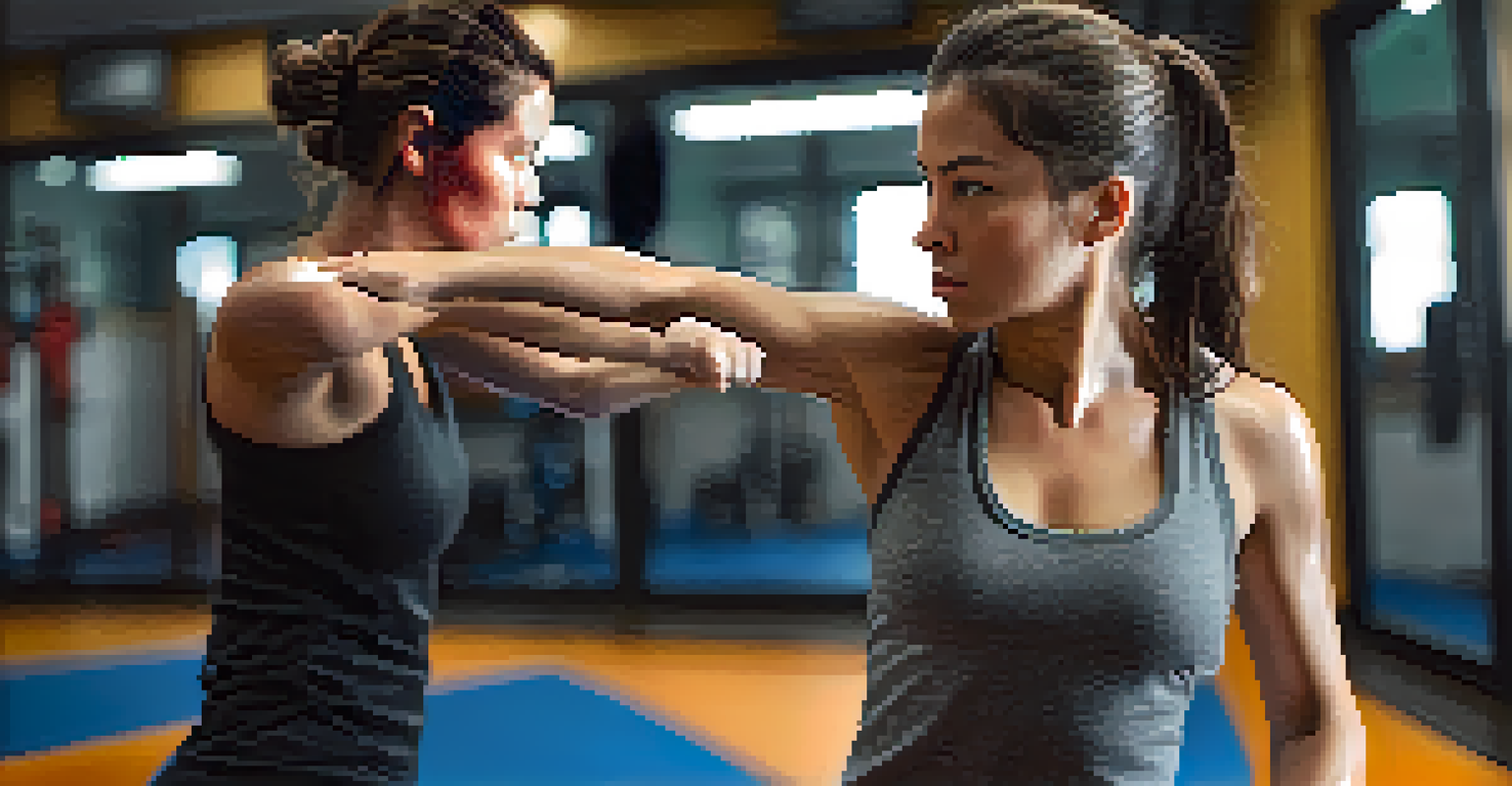 Close-up of a woman focused on executing a self-defense move in a gym environment.