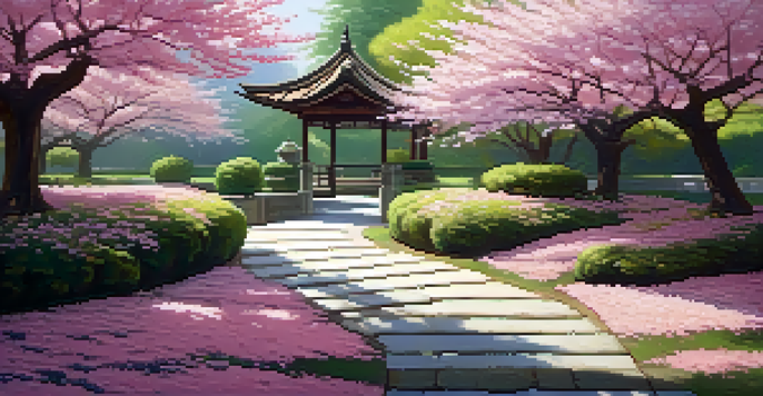 A peaceful Japanese garden with cherry blossoms and a pond, featuring a stone pathway and a tea house.