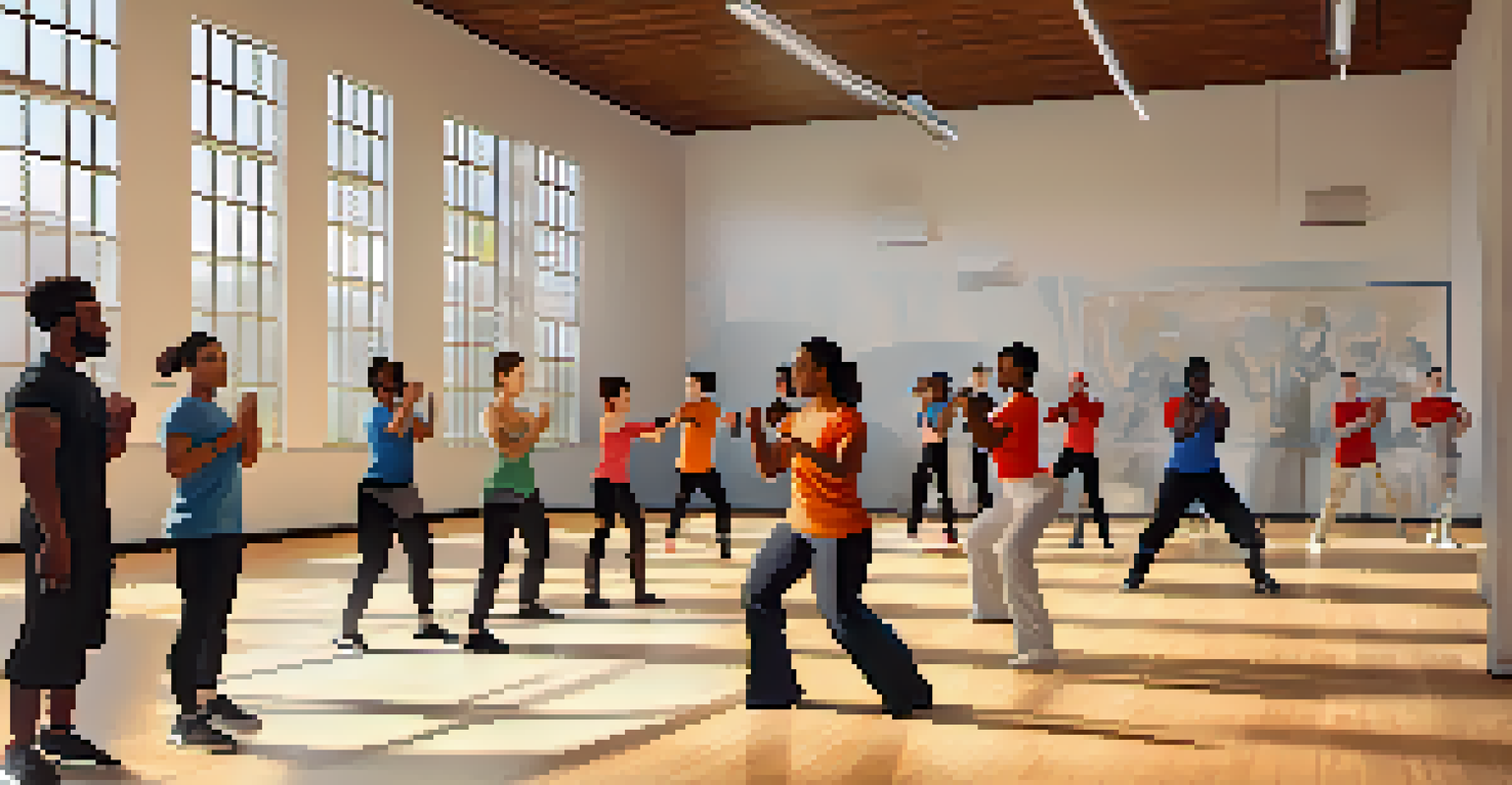 A diverse group of people participating in a self-defense workshop in a well-lit gym with supportive ambiance.