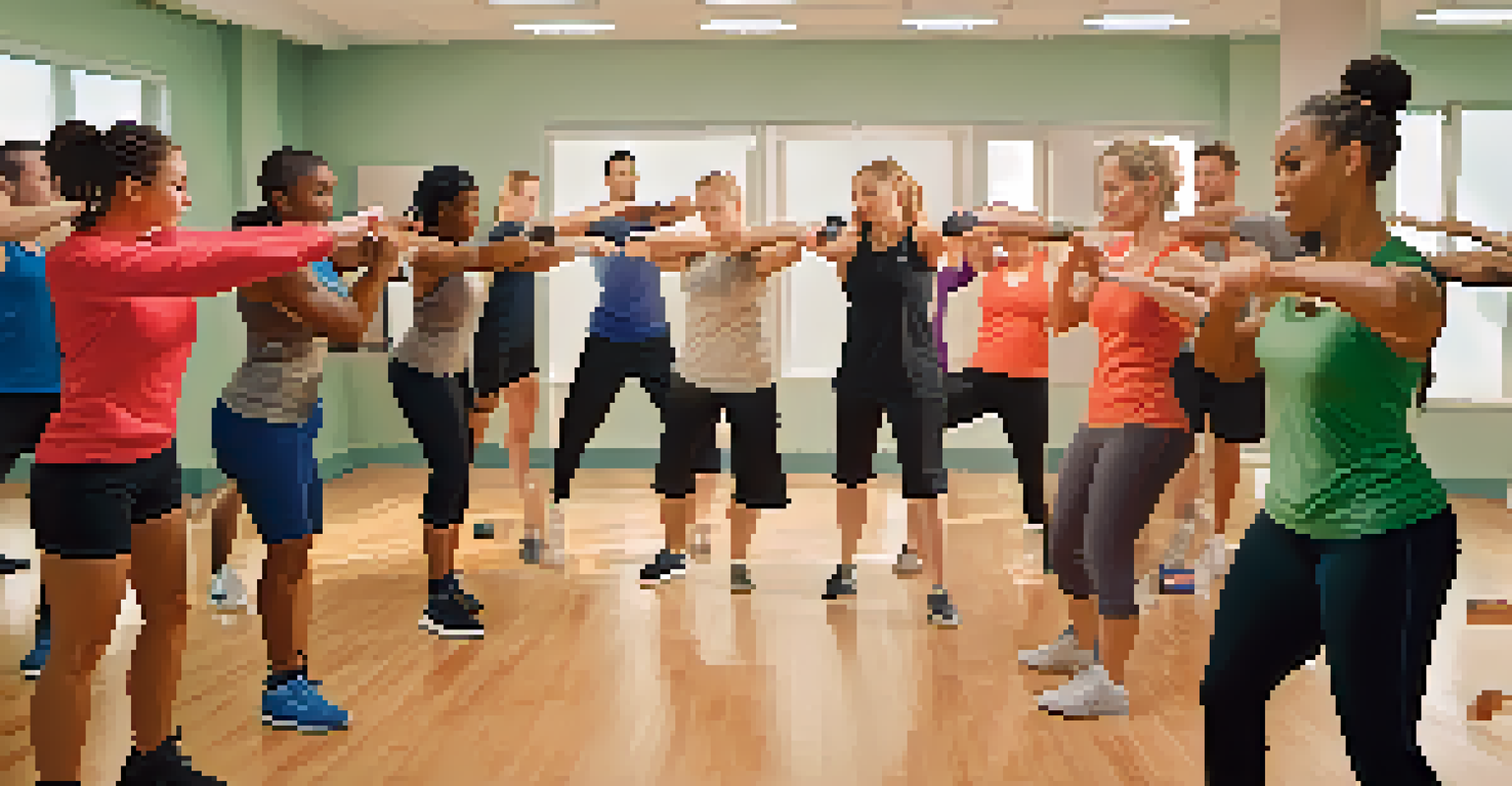 Diverse fitness instructors practice self-defense techniques in a bright workshop setting.