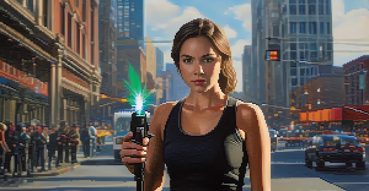 A close-up of a person holding a pepper spray in an urban setting, looking calm and prepared, highlighting trust in self-defense equipment.