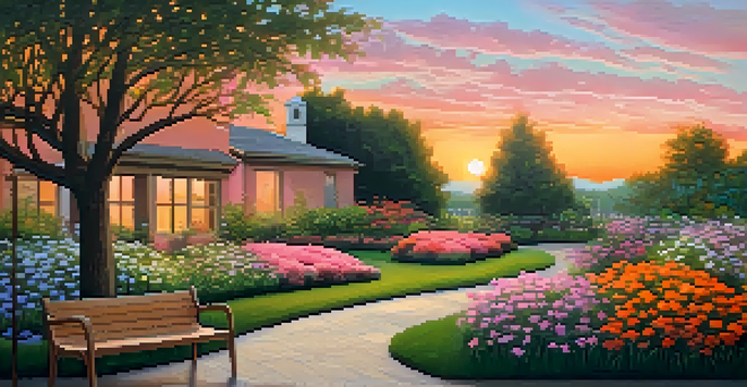 A tranquil garden at sunset with flowers and a wooden bench.
