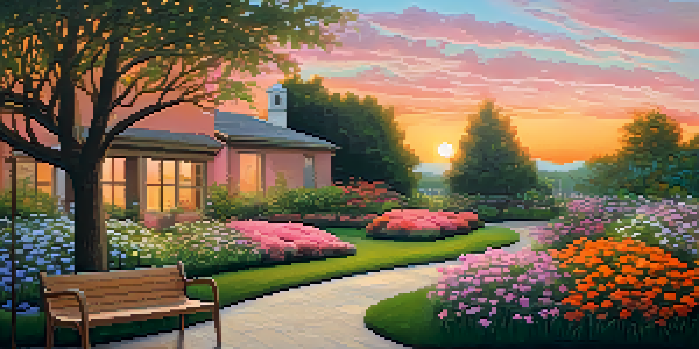 A tranquil garden at sunset with flowers and a wooden bench.