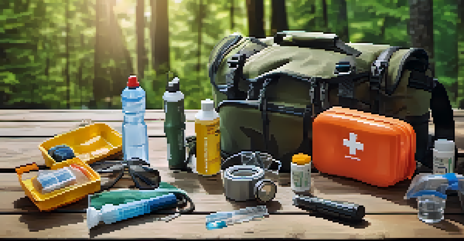 An organized outdoor safety gear kit on a wooden table, including a first-aid kit, flashlight, whistle, and water bottle, with a forest backdrop.