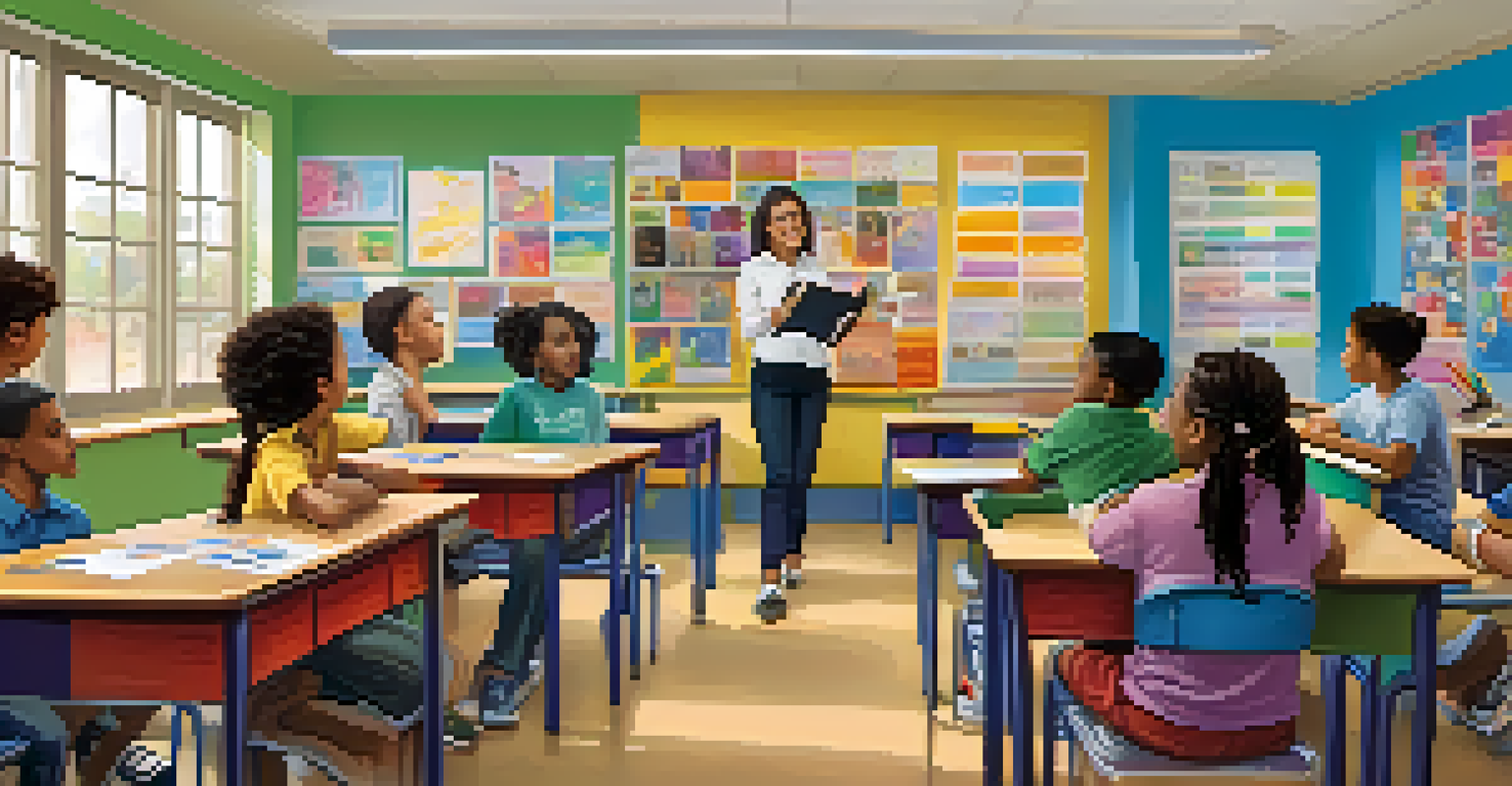 A teacher engaging with students in a colorful classroom discussing emotions and empathy.
