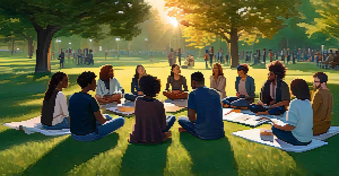 A diverse group of people sitting in a circle in a park during sunset, engaging in a nonviolent communication workshop.