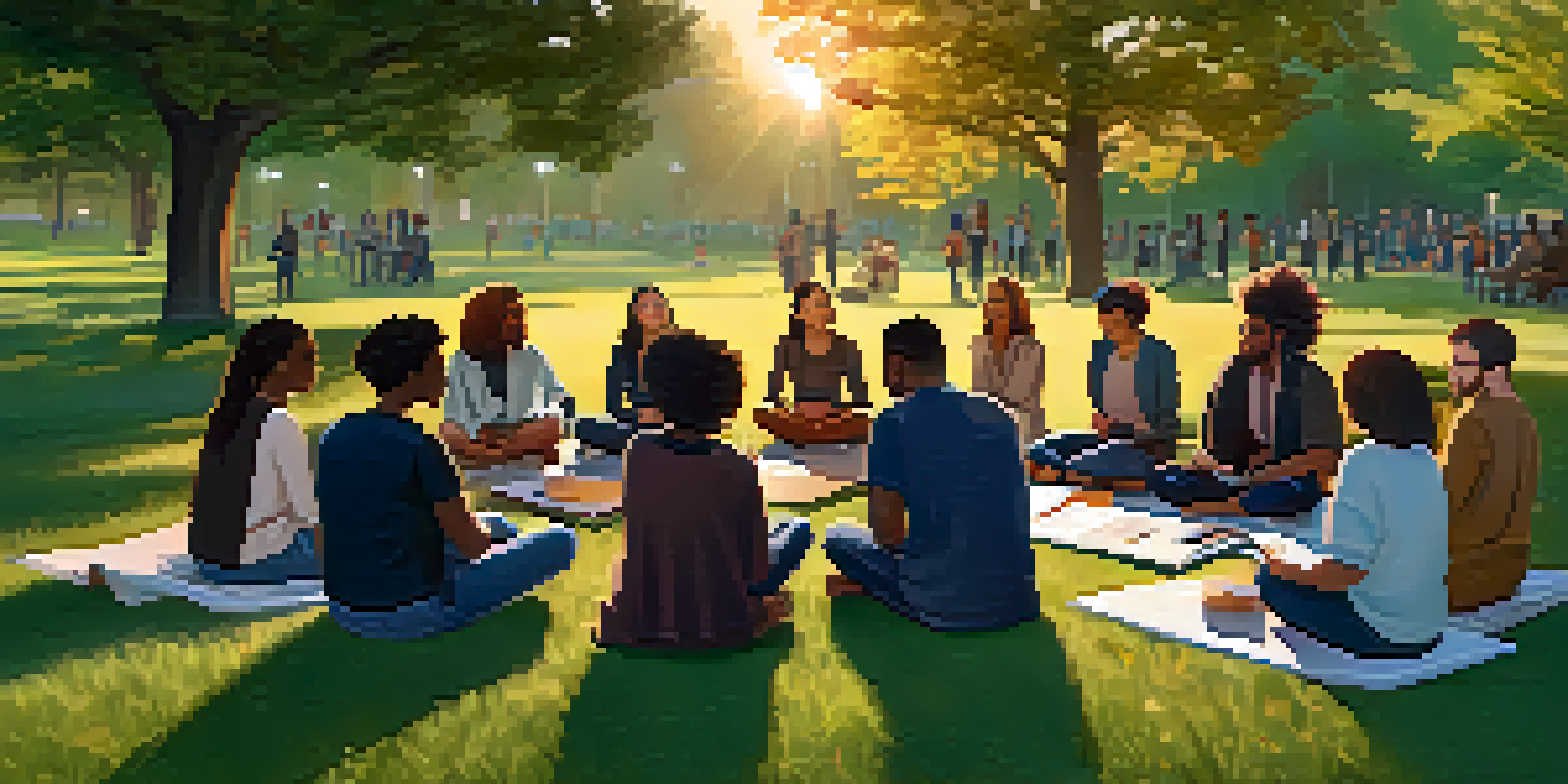 A diverse group of people sitting in a circle in a park during sunset, engaging in a nonviolent communication workshop.