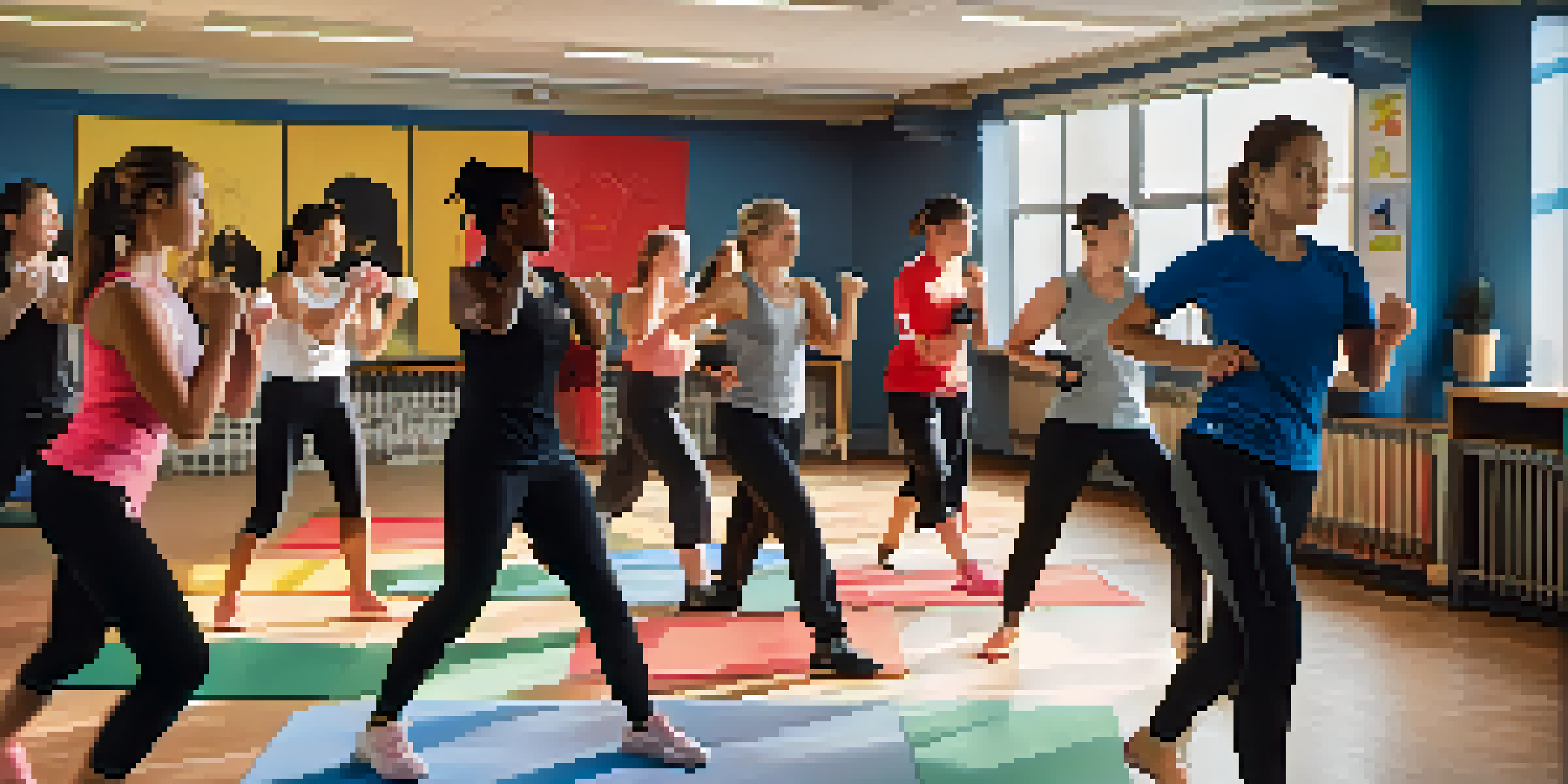 A diverse group of individuals participating in a self-defense training class, with an instructor demonstrating techniques in a bright, spacious room.