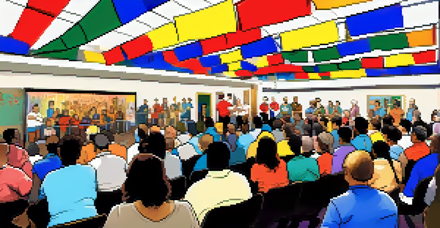 Residents gathered in a community meeting room for a self-defense awareness seminar, watching an instructor demonstrate techniques.