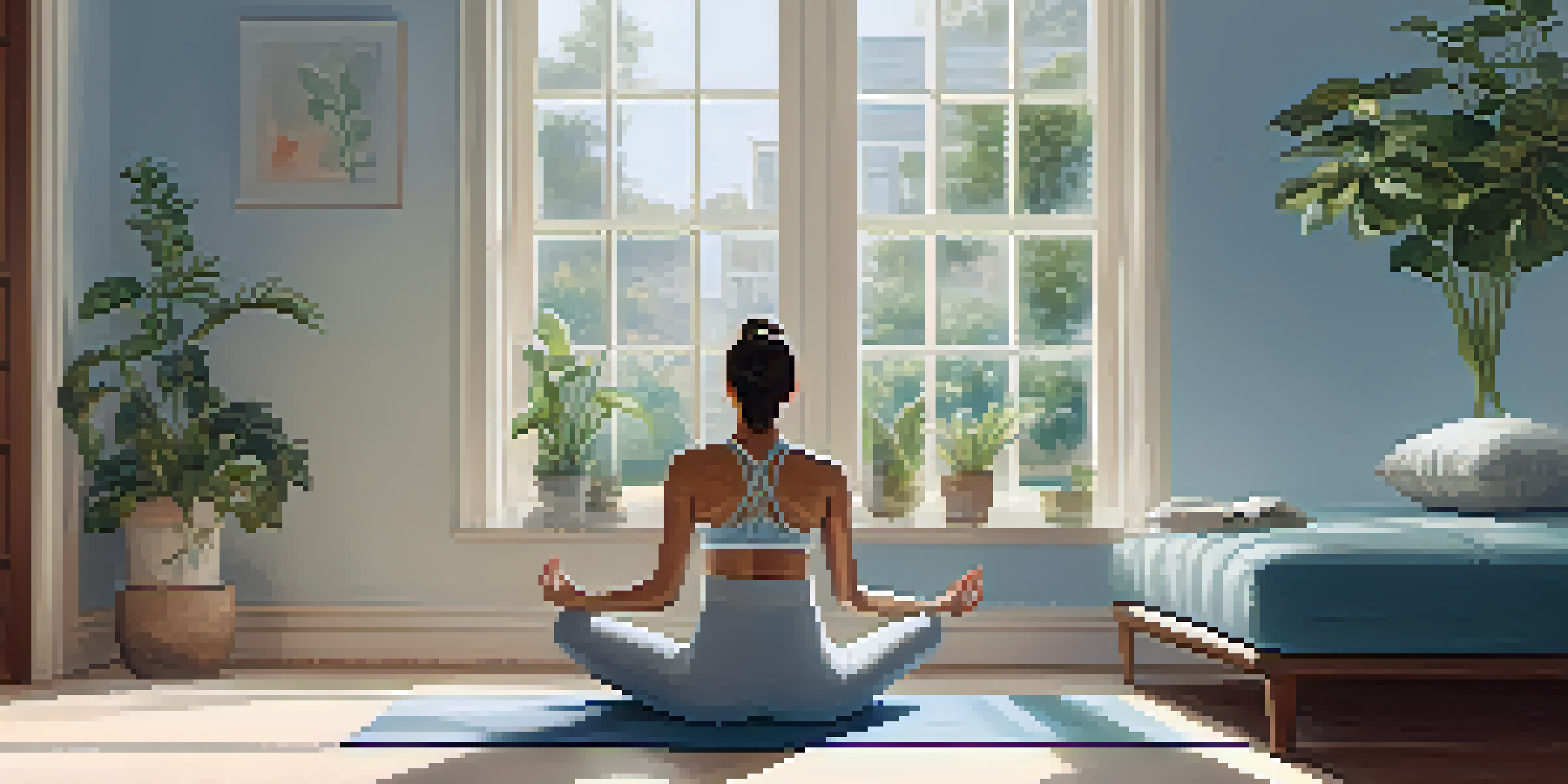A person practicing deep breathing exercises on a yoga mat in a calm indoor setting with plants and soft light.