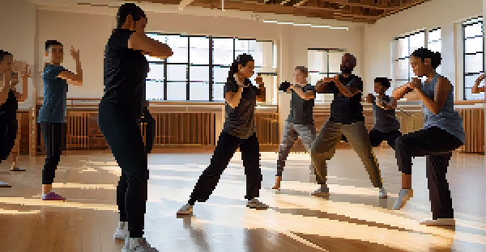 A diverse group of individuals participating in a self-defense class with an instructor in a bright gym, practicing techniques together.