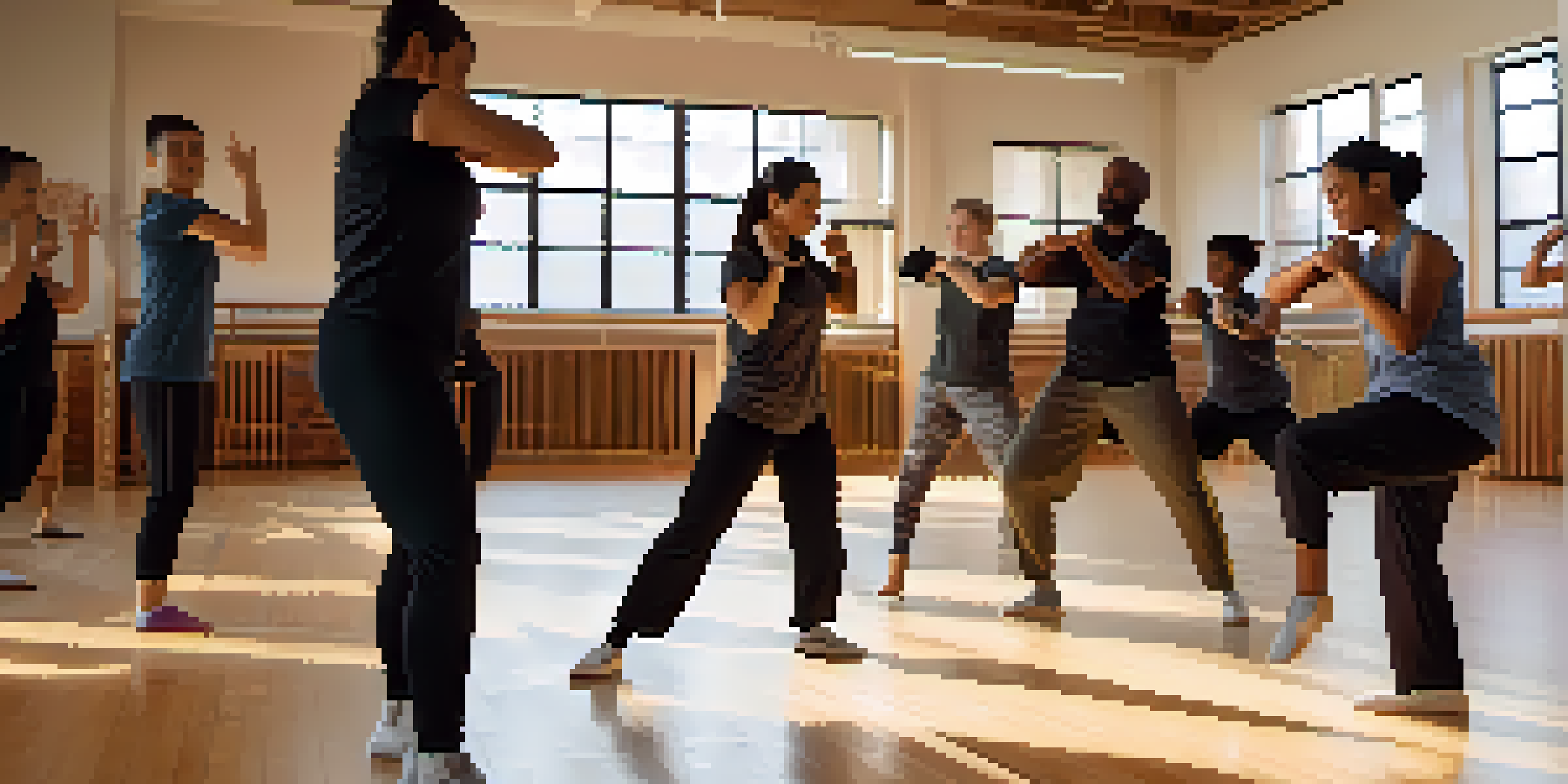 A diverse group of individuals participating in a self-defense class with an instructor in a bright gym, practicing techniques together.