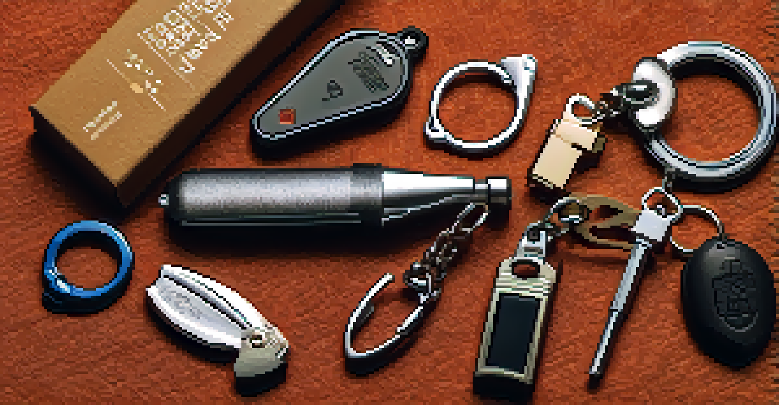 A flat lay image of different self defense keychains, including a tactical pen and pepper spray, arranged on a textured fabric background.