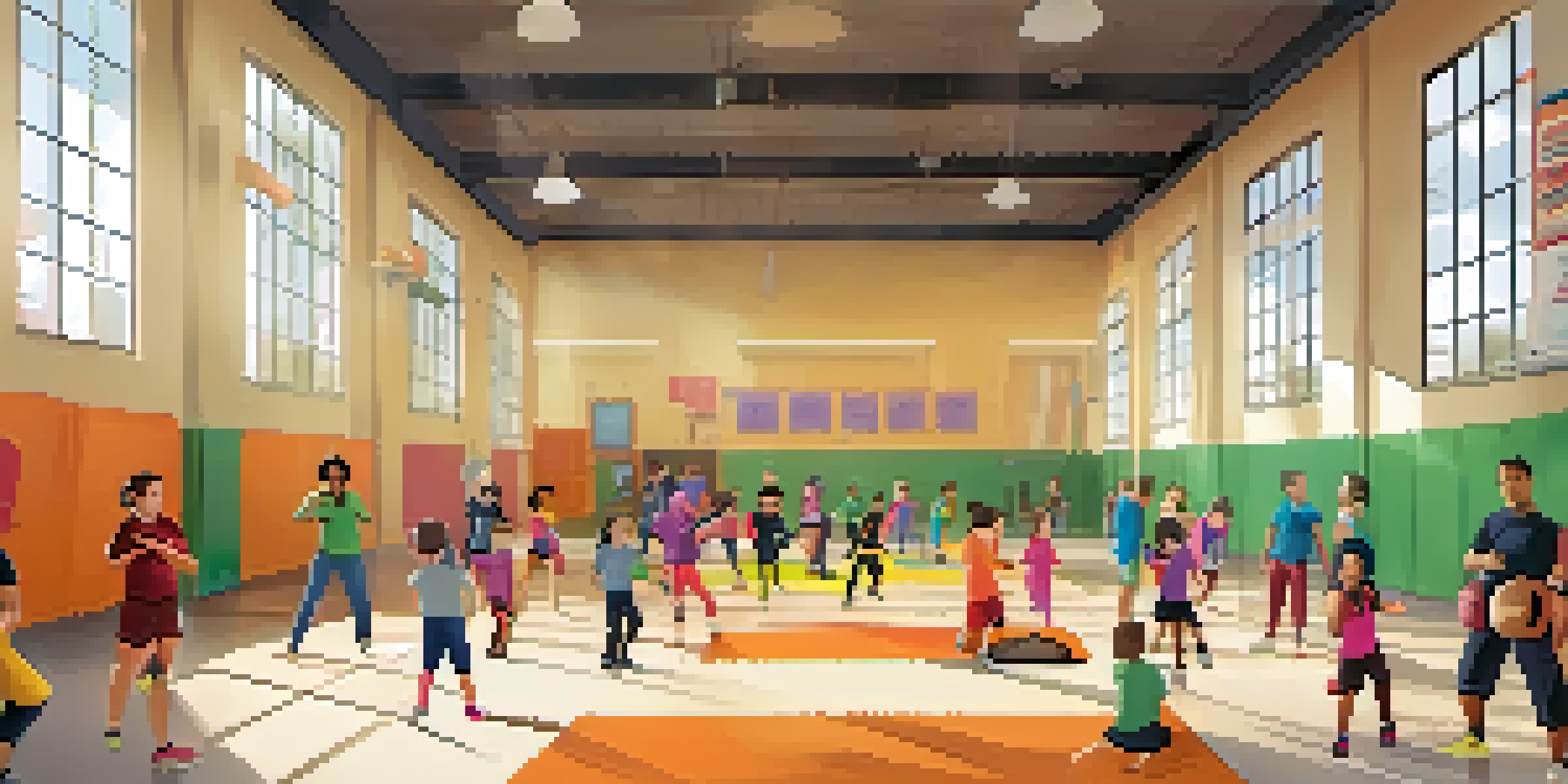 A lively self-defense workshop where diverse children practice techniques under the guidance of supportive instructors in a colorful gym.