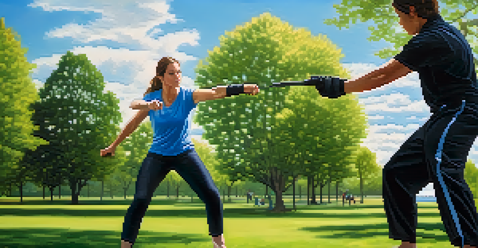 A woman practicing self-defense techniques outdoors in a park, surrounded by nature.