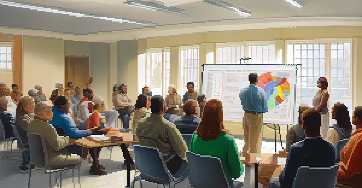 A diverse group of people in a community meeting discussing personal safety, with a chart on the wall.