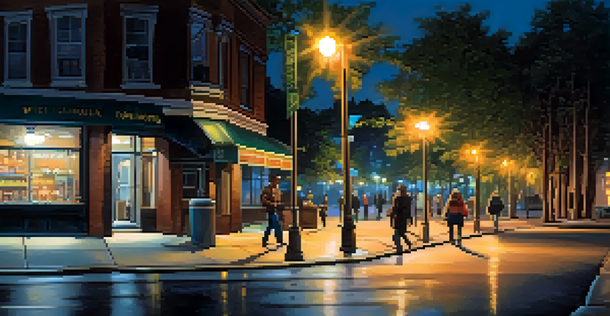 A bright urban street at night with people walking confidently, illuminated by streetlights.