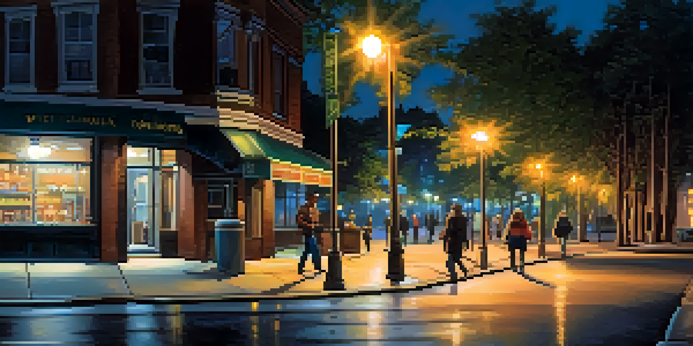 A bright urban street at night with people walking confidently, illuminated by streetlights.