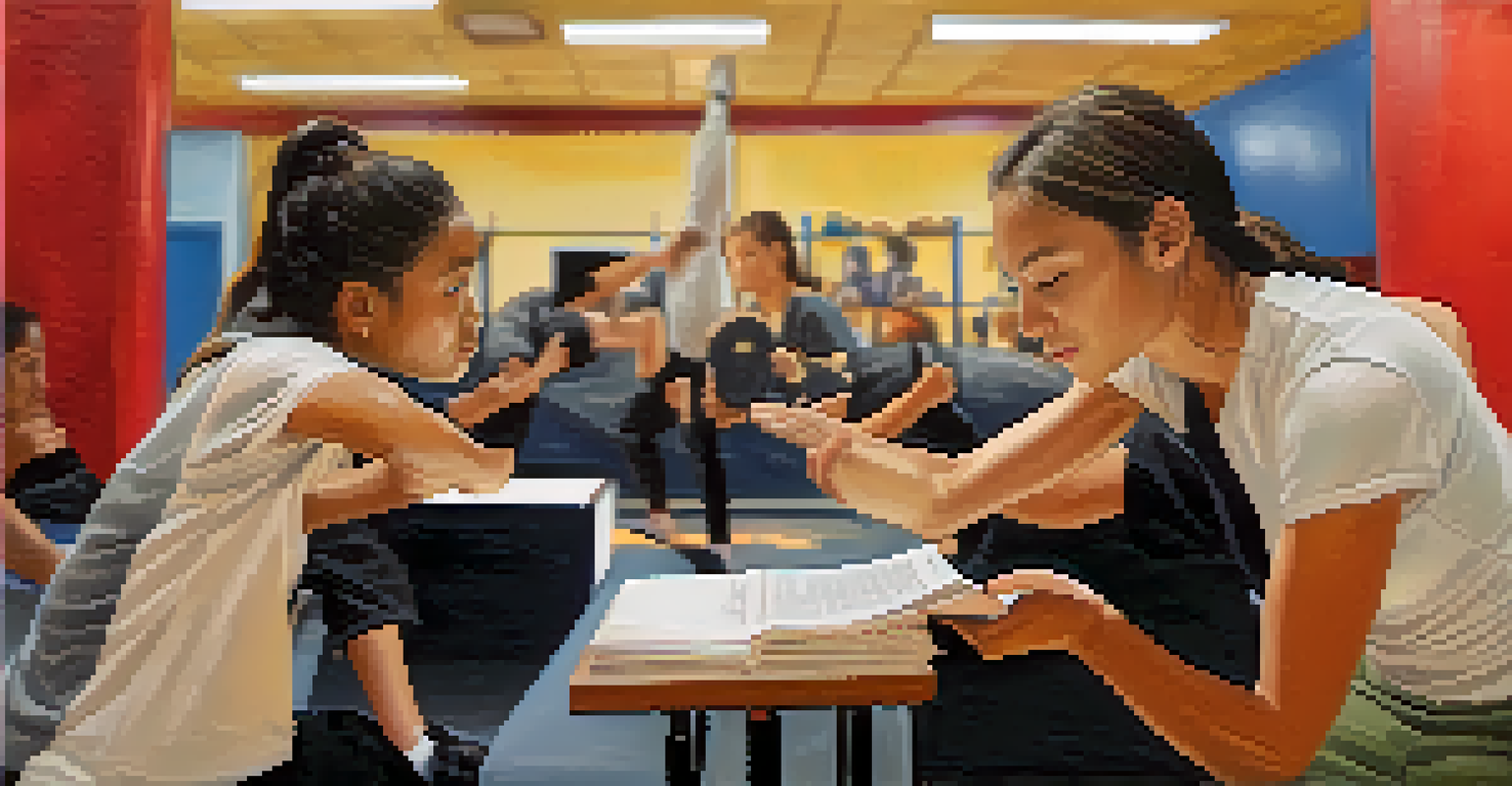 A split image of a self defense training class on one side and a person reading about self defense laws on the other, showcasing empowerment and caution.