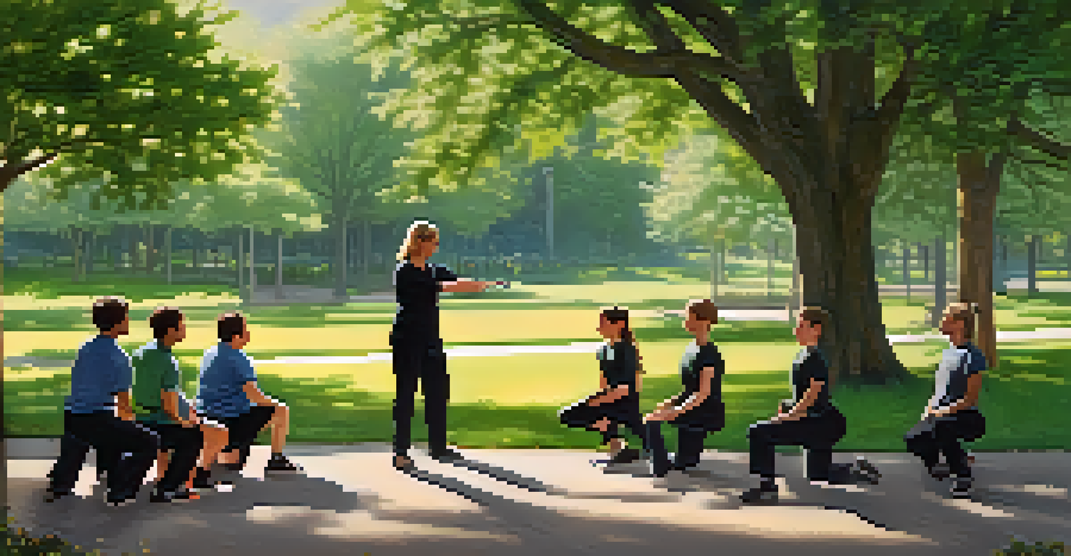 A self defense instructor demonstrating a technique to students in a peaceful park setting.