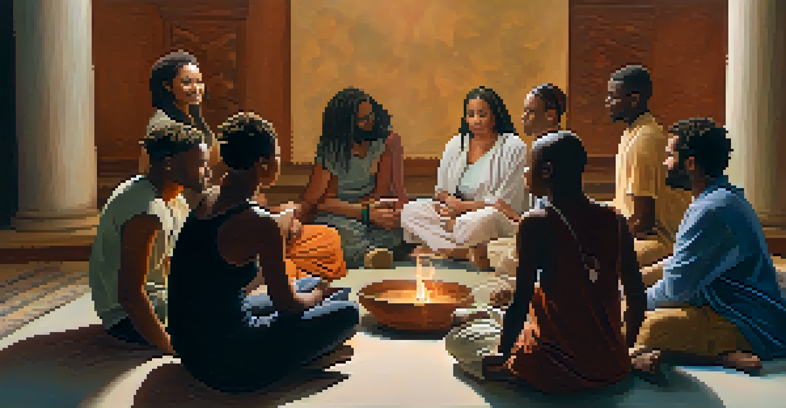 A diverse group of individuals in a circle sharing their spiritual stories, showcasing an inclusive and warm atmosphere.