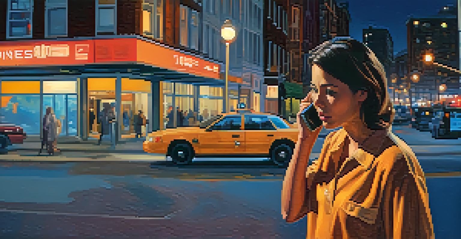 A person making an emergency phone call on a busy street corner, with urban buildings in the background.