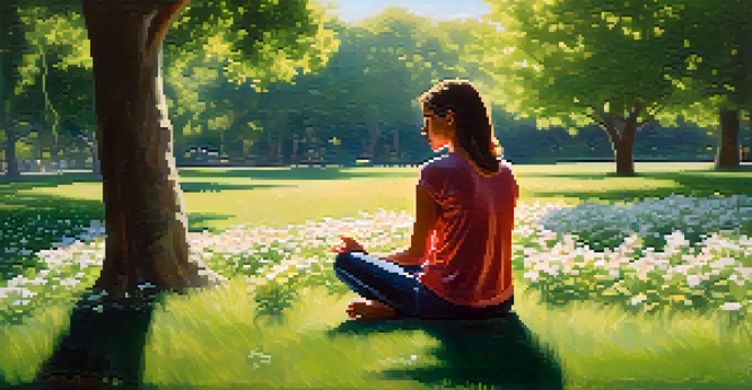 A person sitting cross-legged on grass in a park, practicing deep breathing with a calm expression, surrounded by greenery and flowers.
