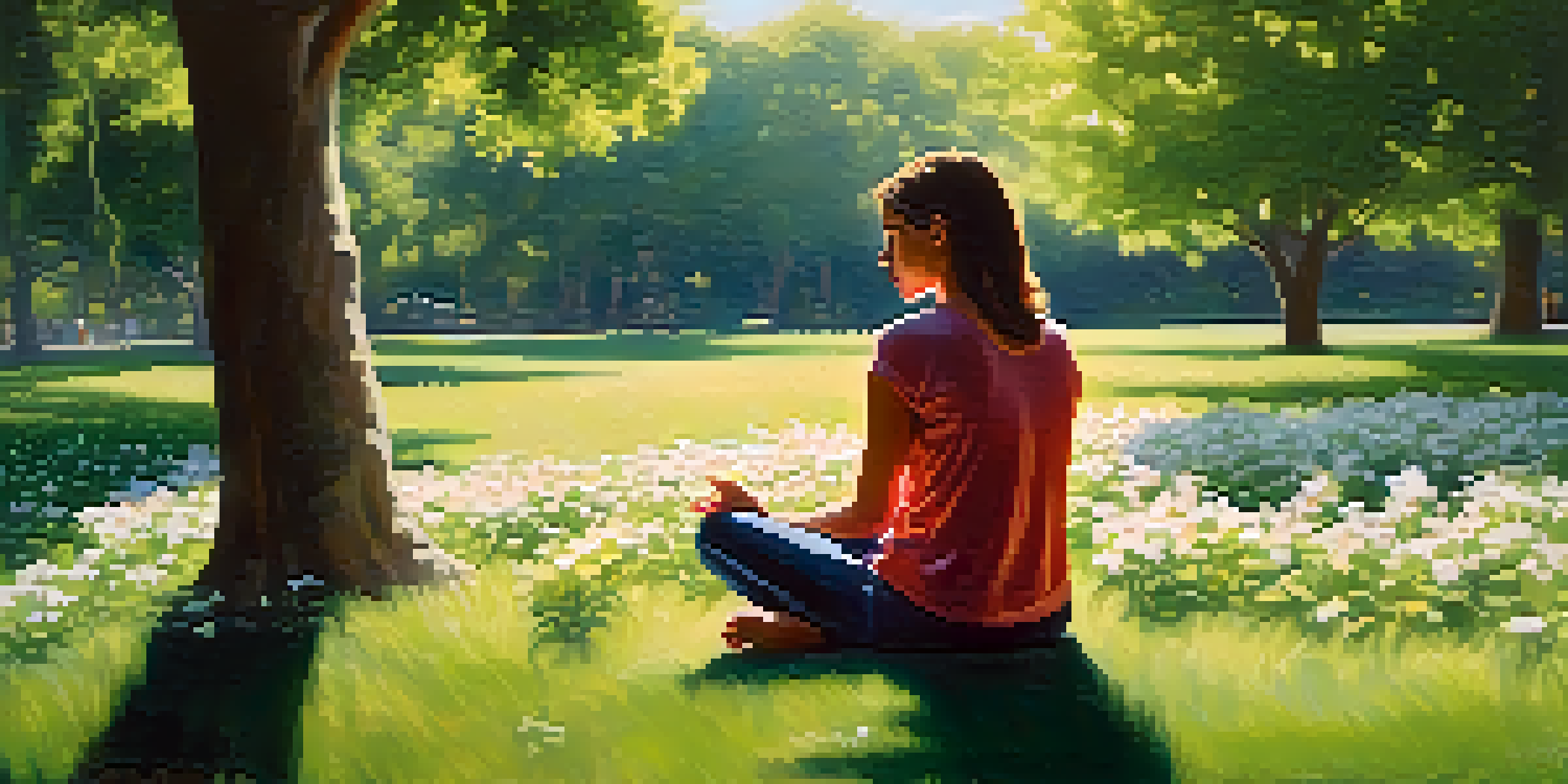 A person sitting cross-legged on grass in a park, practicing deep breathing with a calm expression, surrounded by greenery and flowers.