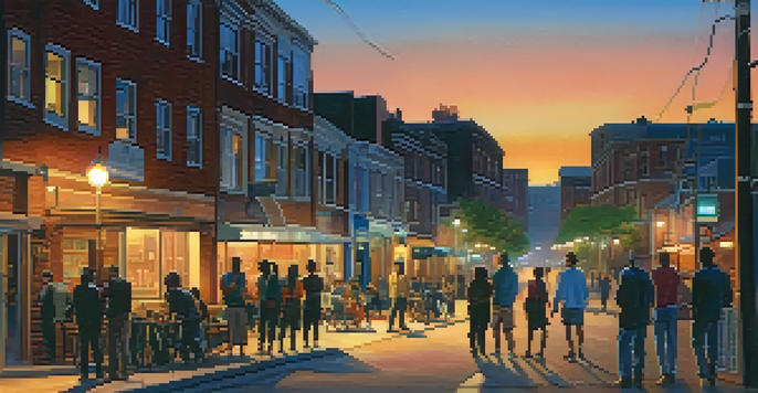 A warm urban street scene at dusk with people conversing, illuminated by street lights against a blue sky.