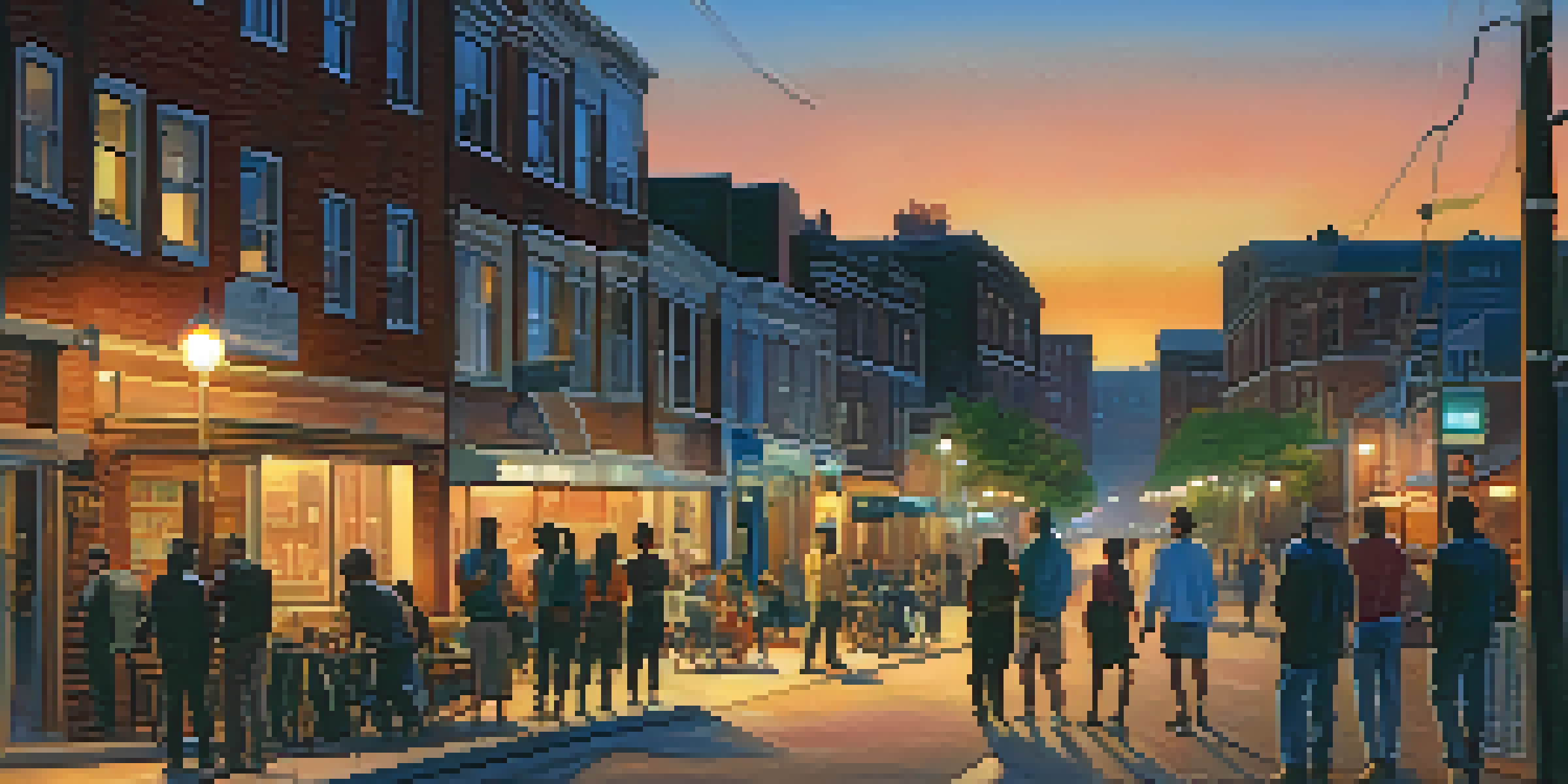 A warm urban street scene at dusk with people conversing, illuminated by street lights against a blue sky.