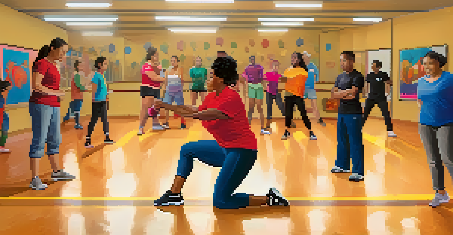A diverse group of people participating in a self-defense workshop, learning techniques from an instructor in a supportive environment.