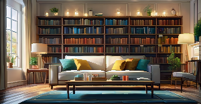 A cozy living room with a comfortable sofa, coffee table, and bookshelves, illuminated by soft sunlight.