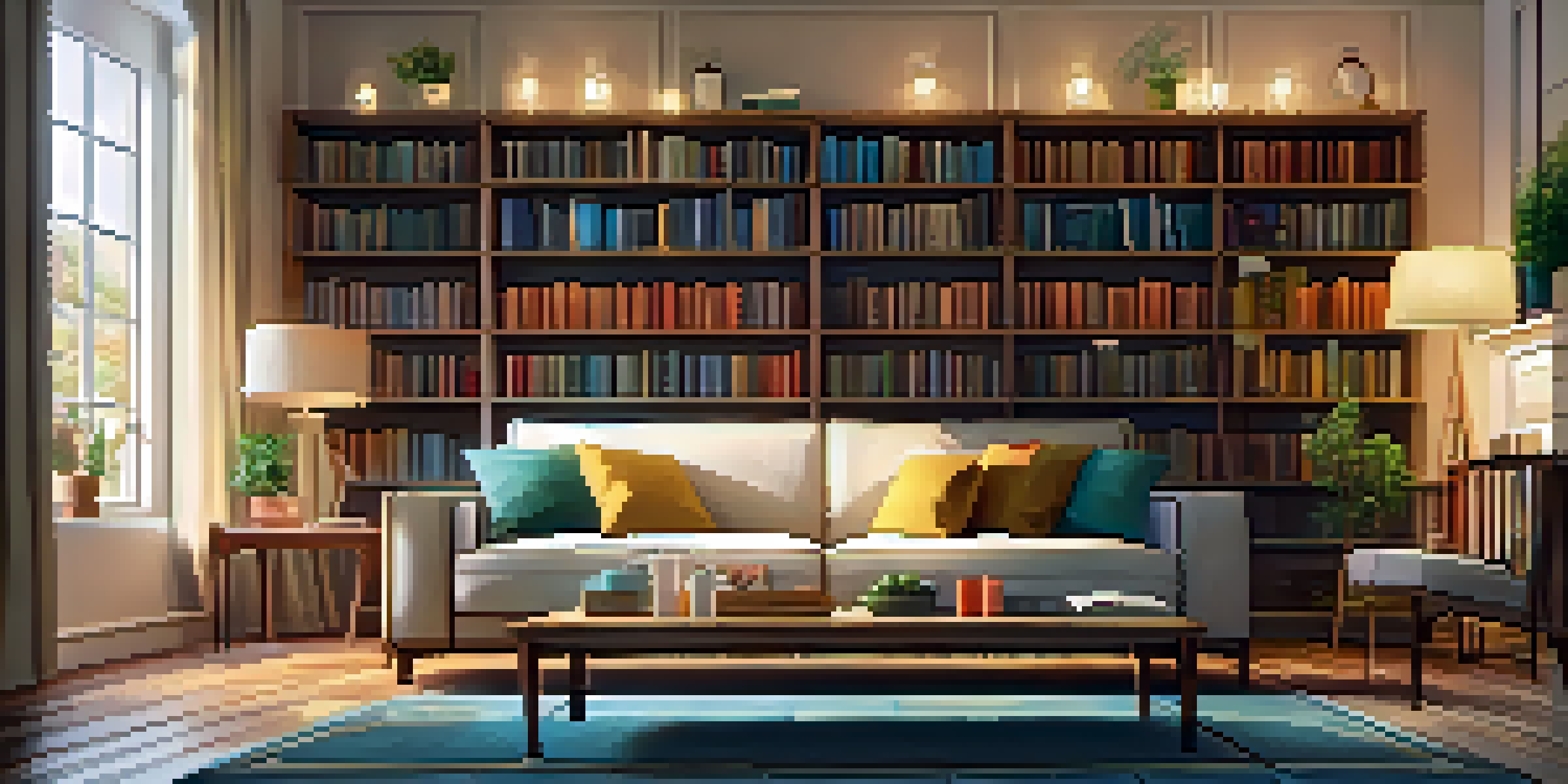 A cozy living room with a comfortable sofa, coffee table, and bookshelves, illuminated by soft sunlight.