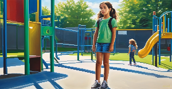 A young girl standing confidently against a surprised bully in a schoolyard, surrounded by colorful playground equipment.