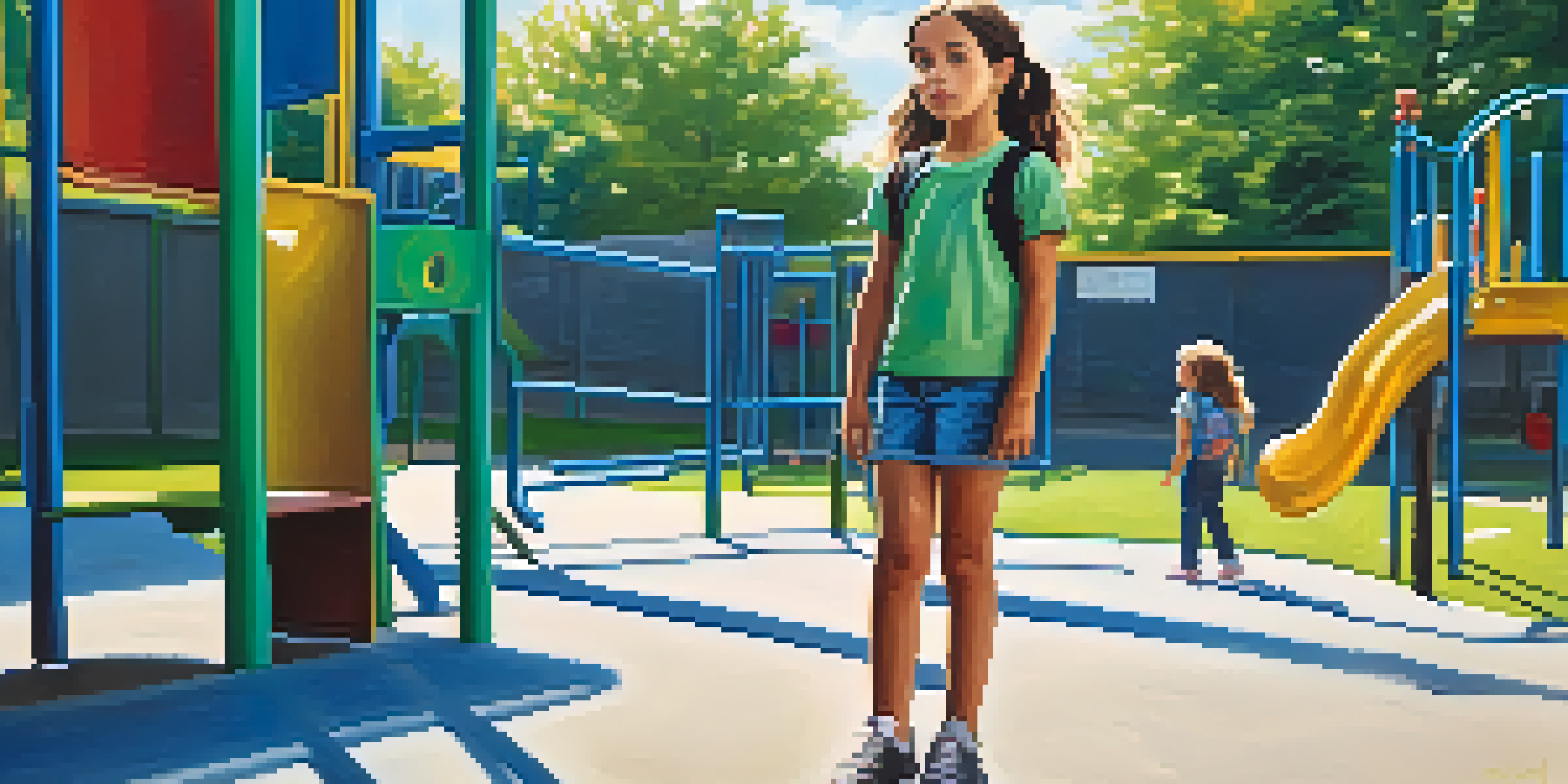 A young girl standing confidently against a surprised bully in a schoolyard, surrounded by colorful playground equipment.