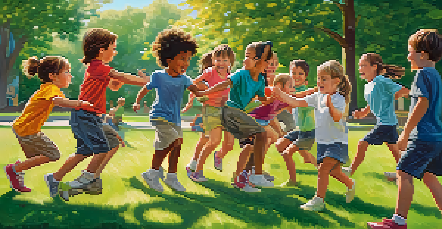 Children enjoying a fun outdoor self-defense game, demonstrating teamwork and enthusiasm in a park setting.