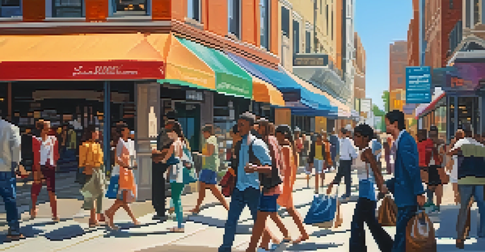 A bustling city street where one person assists another with heavy bags, illustrating a moment of empathy among pedestrians.