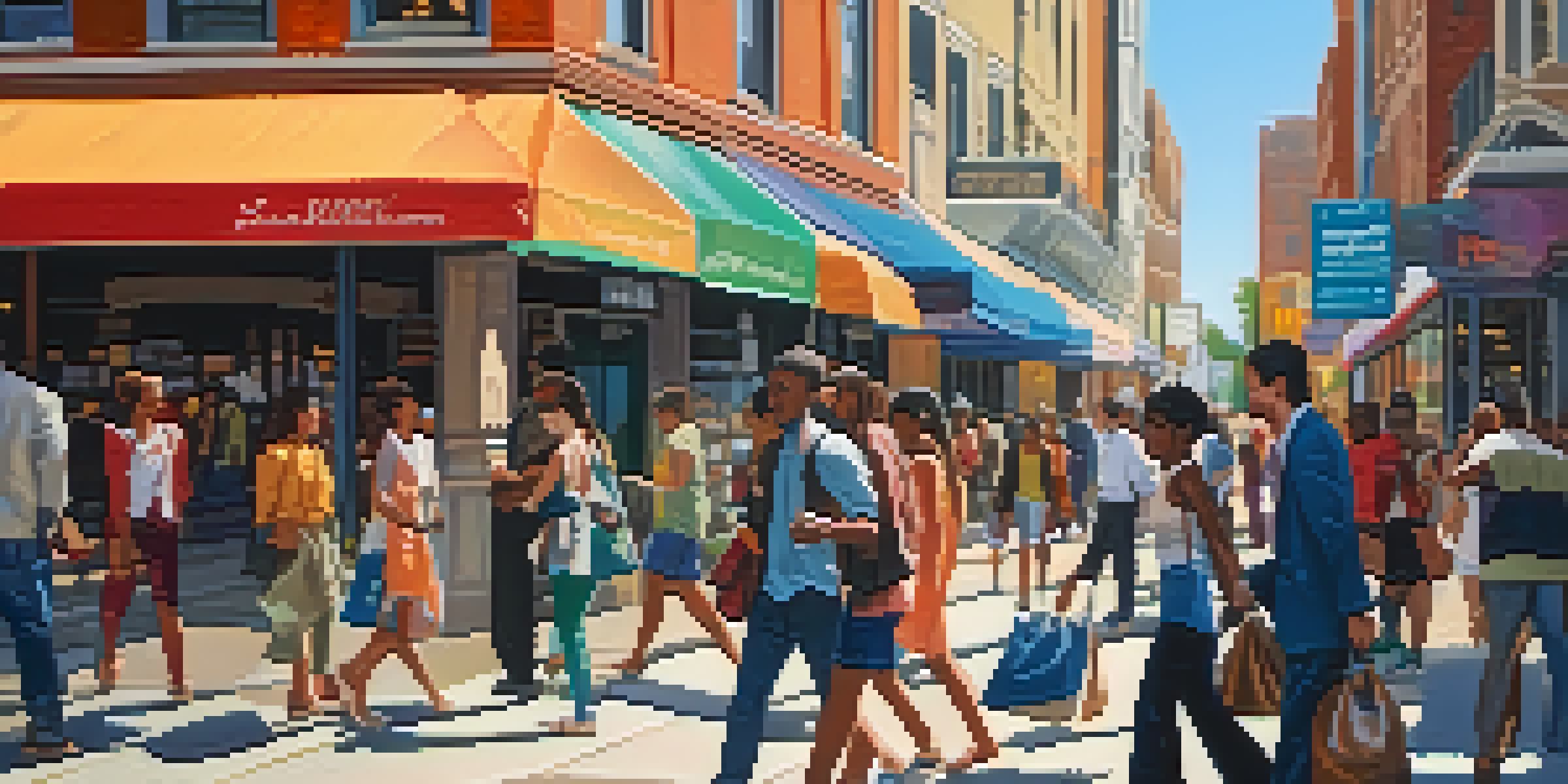 A bustling city street where one person assists another with heavy bags, illustrating a moment of empathy among pedestrians.
